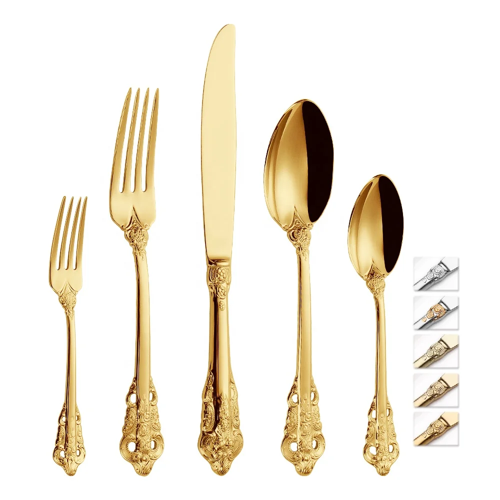 

Royal Vintage Gold Plated Stainless Steel Hotel Cutlery Flatware Set Unique For Hotel Wedding Events