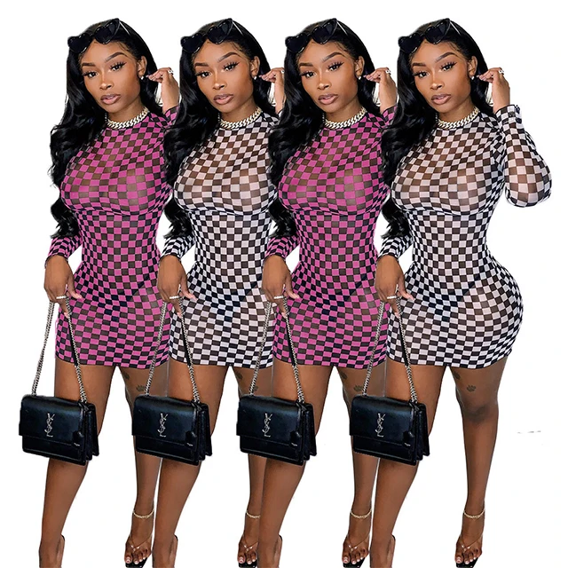 

Wholesale Women Bodycon Plaid Print Mesh Micro-Penetration Stitching Sexy Club Wear Mini Dress