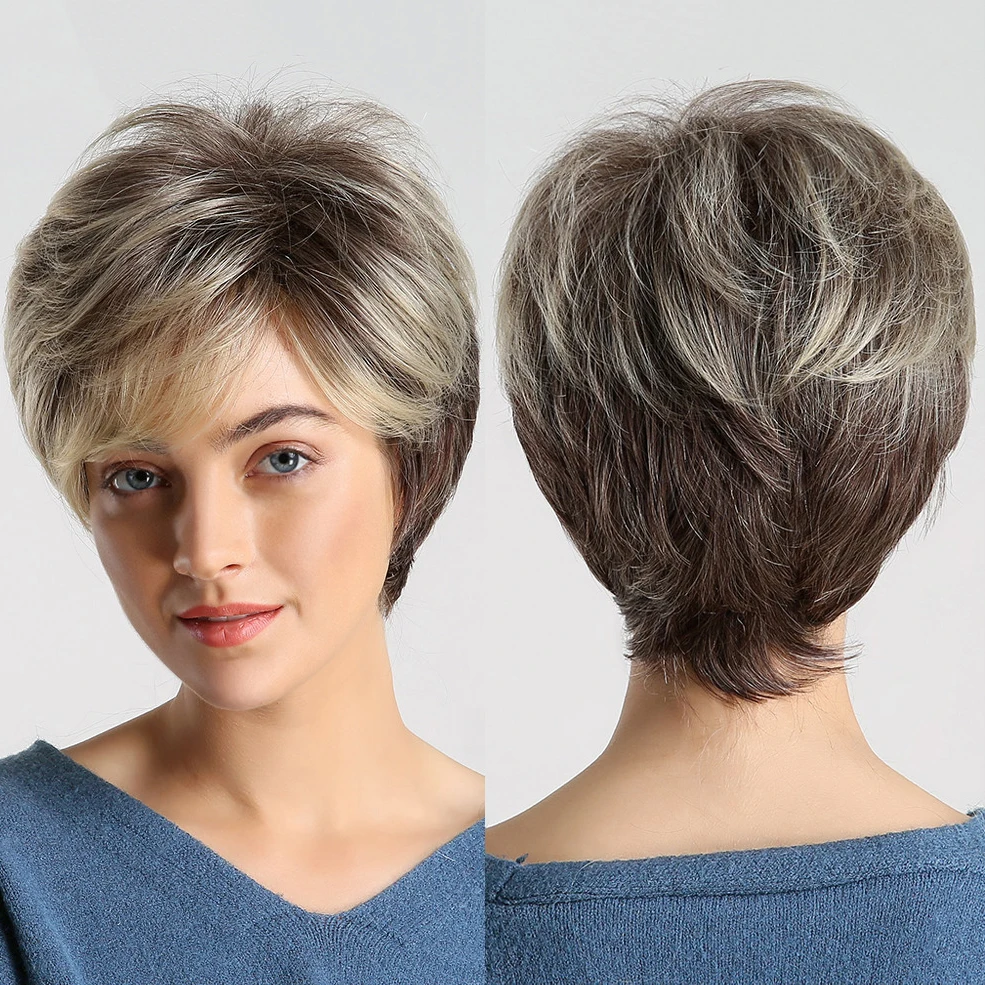 HAOLING Wig Manufacturer Dark Root Ombre Brown Blonde Short Hair Wigs Fluffy Pixie Cut Synthetic Rose Mesh Wig
