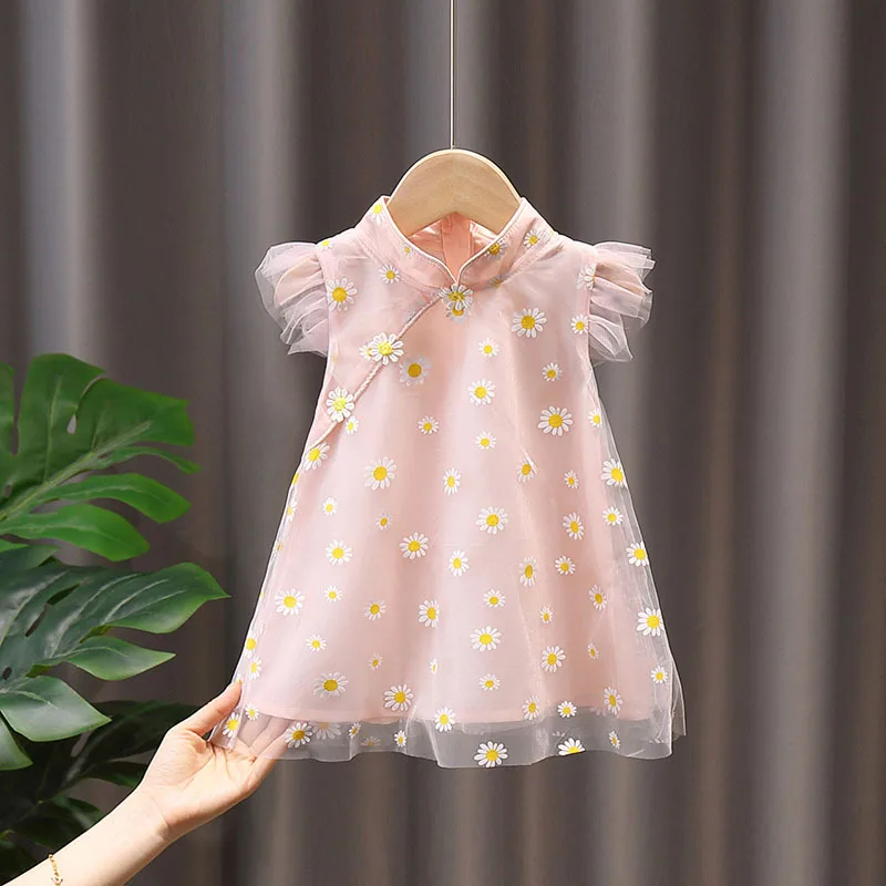 

Girls summer dress new ethnic style princess dress small daisy cheongsam