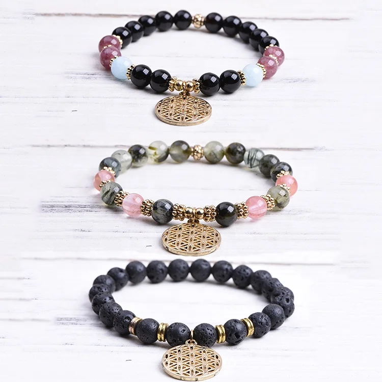 

Luxury Men Women Bead Bracelet High Quality Flower of life Charm Black onyx Gemstone Bracelet For Men Jewelry Bracelet