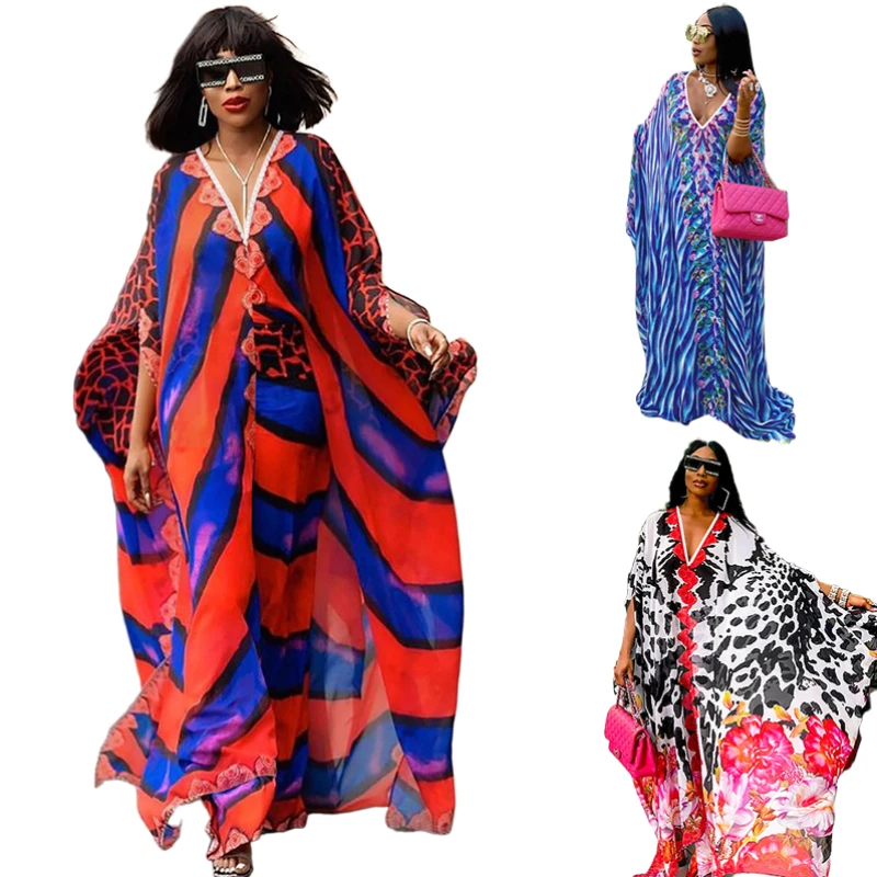 

Candice modest stylish plus size beach chiffon casual muslim flowy printed loose long maxi african woman dress
