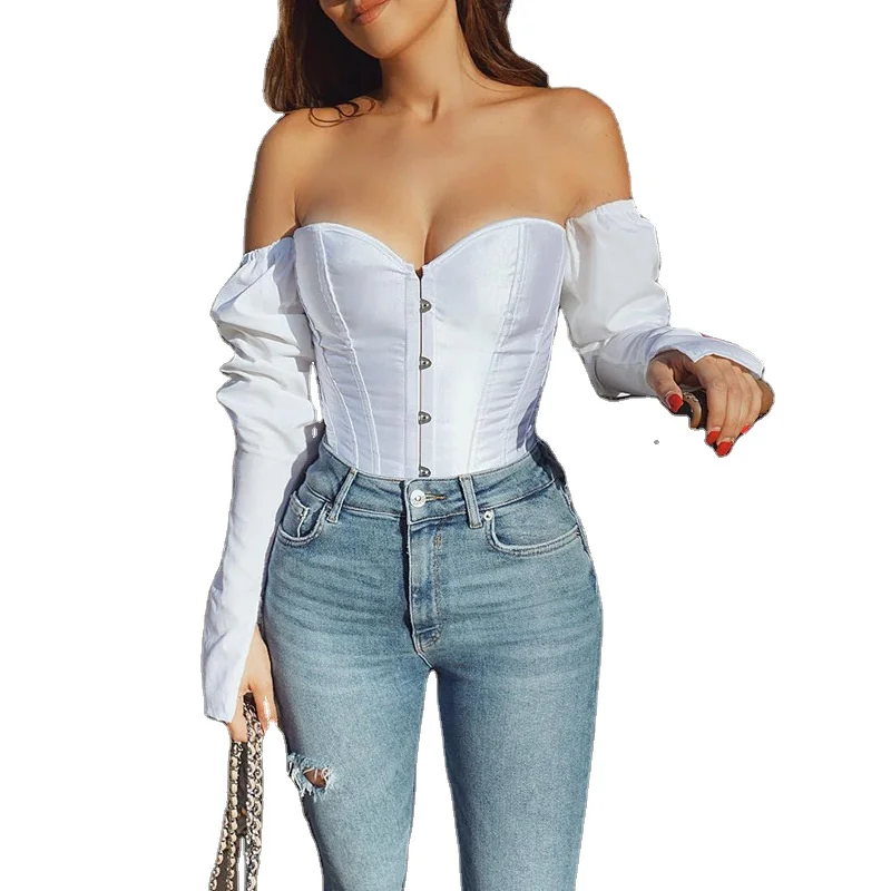 

Off Shoulder Corset Crop Top Strapless lace up Bow Tassel Slash Neck Long Sleeve Backless tights women summer blouses & shirts