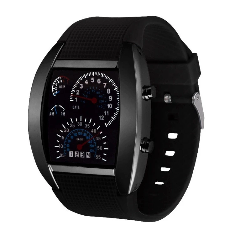 

Hot Sale Men Sports LED Speedometer Watch LED Digital Air Watch Man Car Wrist Watch Reloj, Black/blue/red/white etc