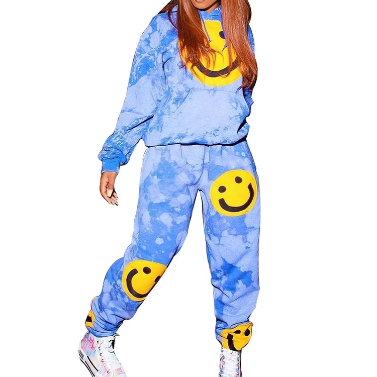 

New Arrivals Winter Smiley Face Tie Dye Sports Casual Hoodie Two Piece Pants Set Long Sleeve, Red, khaki, green, black, pink,yellow, white, blue, gray, skin, coffee