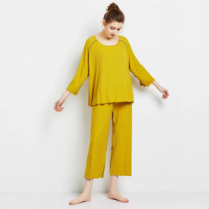 

2021 new silk light Modale sleepwear women seven sleeves nine wide-legged pants home clothing set