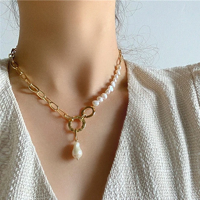 

Mixed Natural Baroque Pearl Necklaces Textured Circle Paperclip Chain Necklaces for Women French Elegant Necklace Hot Jewelry