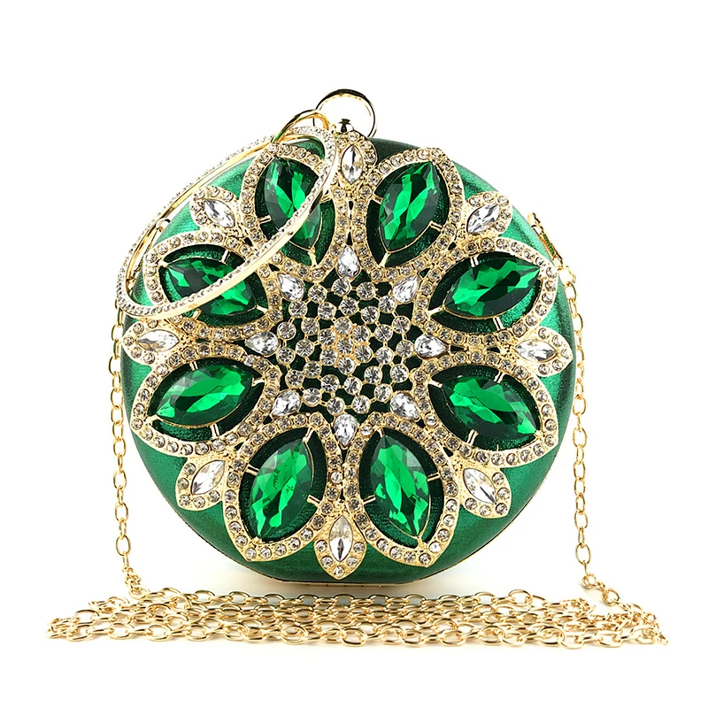 

Green Clutch Women Round Clutch Bag Crystal Wedding Bridal Purse and Handbags Exquisite Chain Shoulder Bag Women Party Bag, Green,gold,black,red