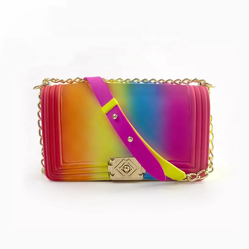 

Large Capacity Jelly Purses With Chain Rainbow Handbags