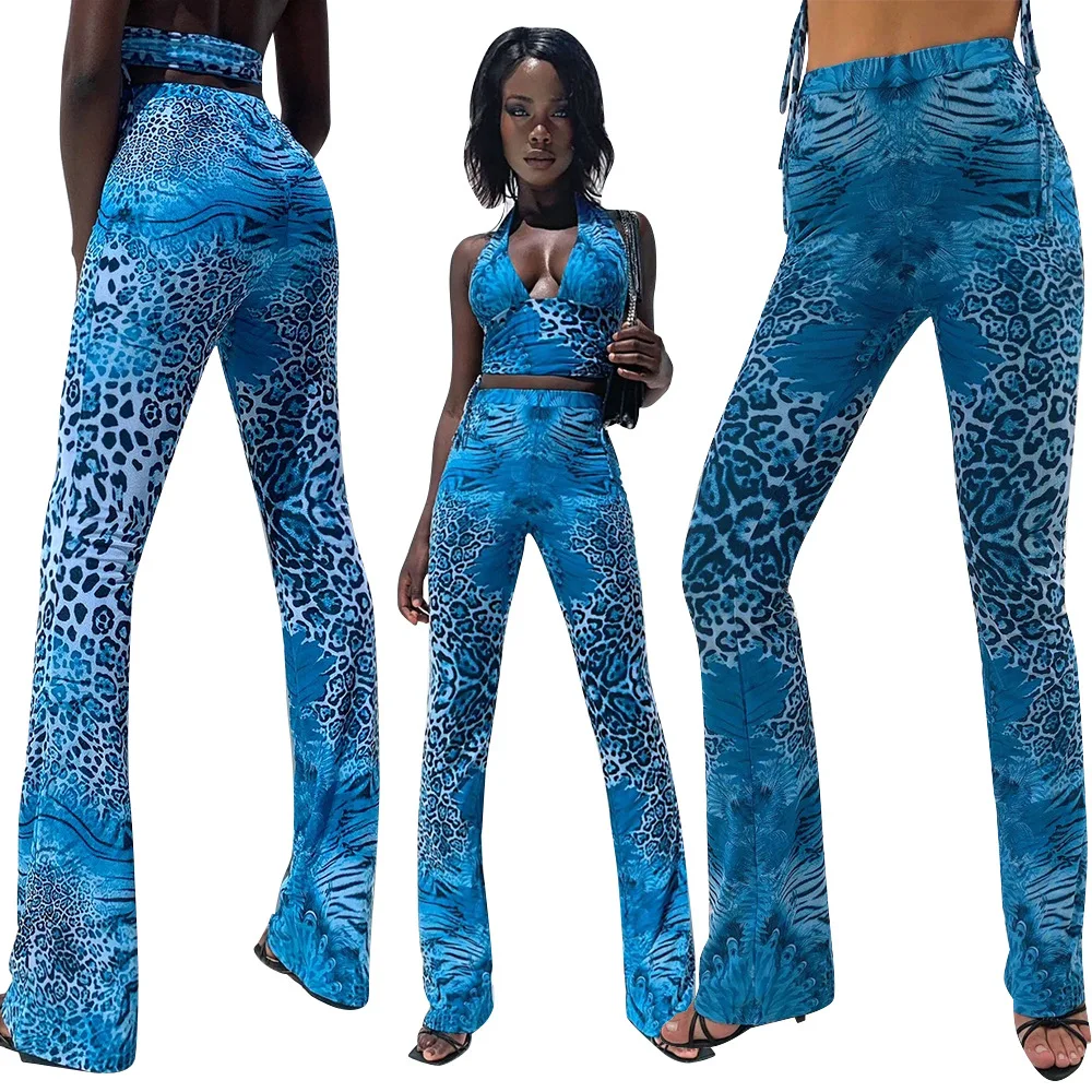 

Wholesale Clothes Sexy Leopard Print Backless Two Piece Pants Set Charming Deep V Neck Copped Top With Wide Leg Pant Outfit, Picture color