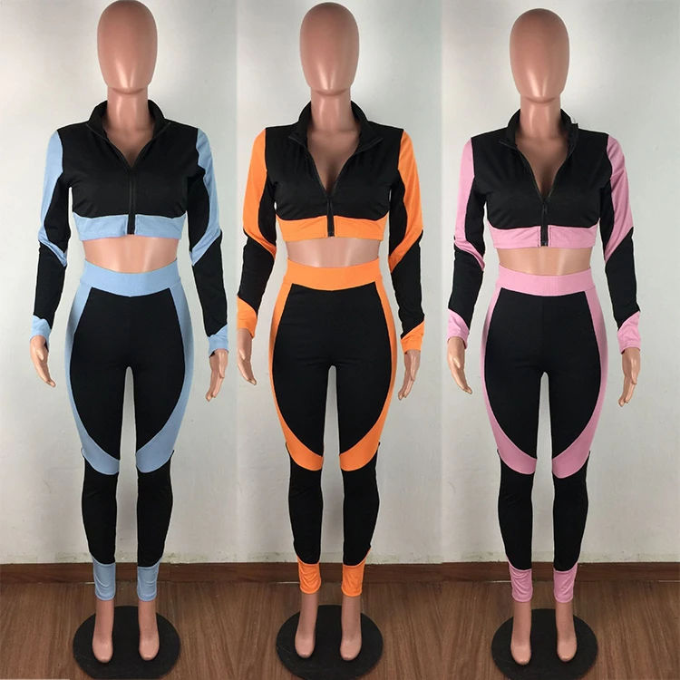 High Quality Zipper V Neck Sexy Crop Top Fall 2021 ladies Clothes Two Piece 2 Piece Set Women Clothing