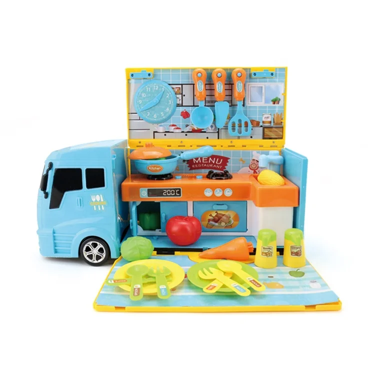 

2 in 1 Pretend Play Portable Food Toy Cart Truck Kids Kitchen Play Set for Boys Girls