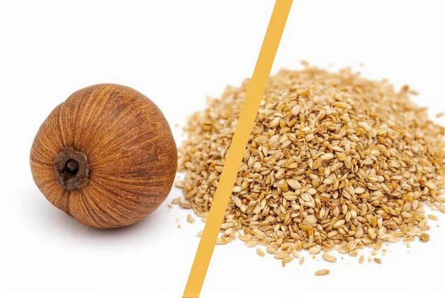 Close-up comparison of whole mace blades and whole nutmeg seeds showing their different textures and colors