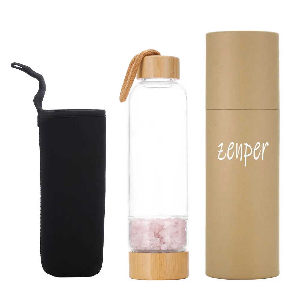 

wholesale rose quartz gemstone healing drink elixir crystal water bottle bamboo lid borosilicate glass water bottle with handle