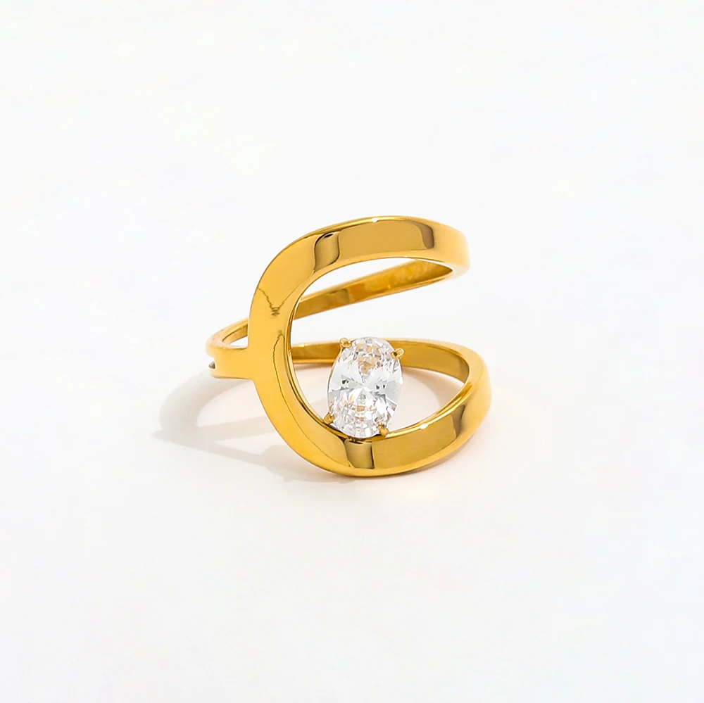 18K High End Plain Gold Stainless Steel Double-Layer Band Rings Dainty Goose Egg Zirconia Simple Trendy Unisex Jewelry Parties