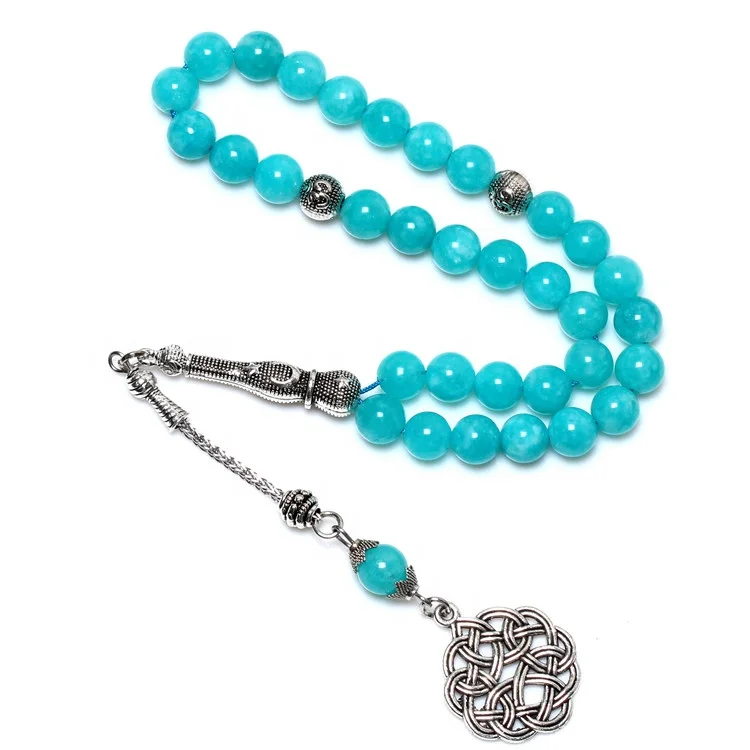 

Hot Sale High Quality 8mm Blue Jade Color Islamic Tasbih Prayer Beads Muslim Rosary Tasbeeh