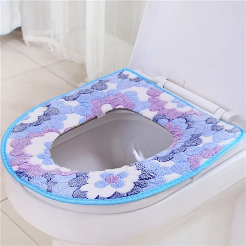 

Bathroom Flower Pattern Warmer Closestool Pad Washable Toilet Seat Lid Cover Mat, As photo