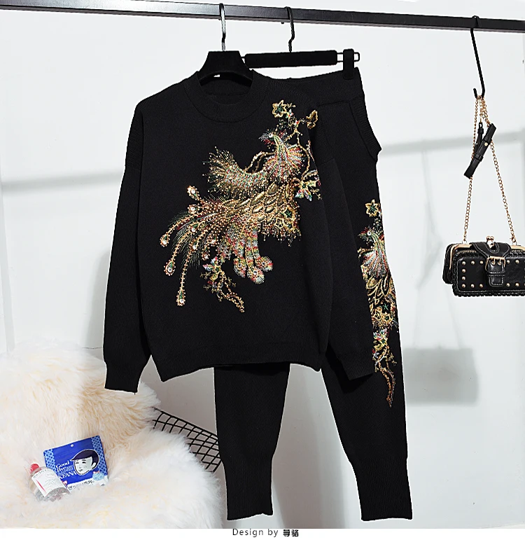 

Autumn 2020 New Women's European embroidery Animal pattern Long Sleeve Loose Knitted Shirt Pants Suit two piece set, Shown