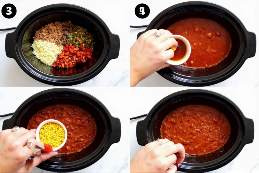 Step-by-step crock pot chili preparation showing ingredients being added to slow cooker