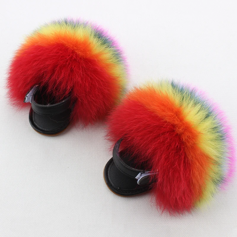 

Soft Fluffy Real Racoon Fur Sandals Kids Slides Pink Baby Fur Slippers, Customized color