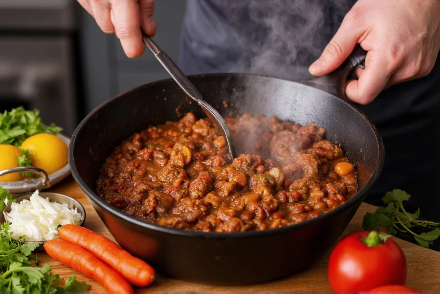 Professional chef preparing traditional meat chili in cast iron pot with fresh ingredients