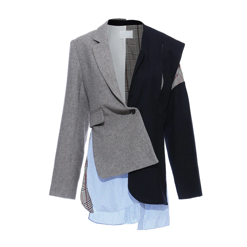 

Patchwork Hit Color Irregular Notched Long Sleeve Asymmetrical Women's Blazer 2020 Fashion