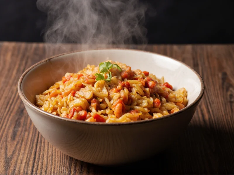 Bowl of steaming homemade jambalaya