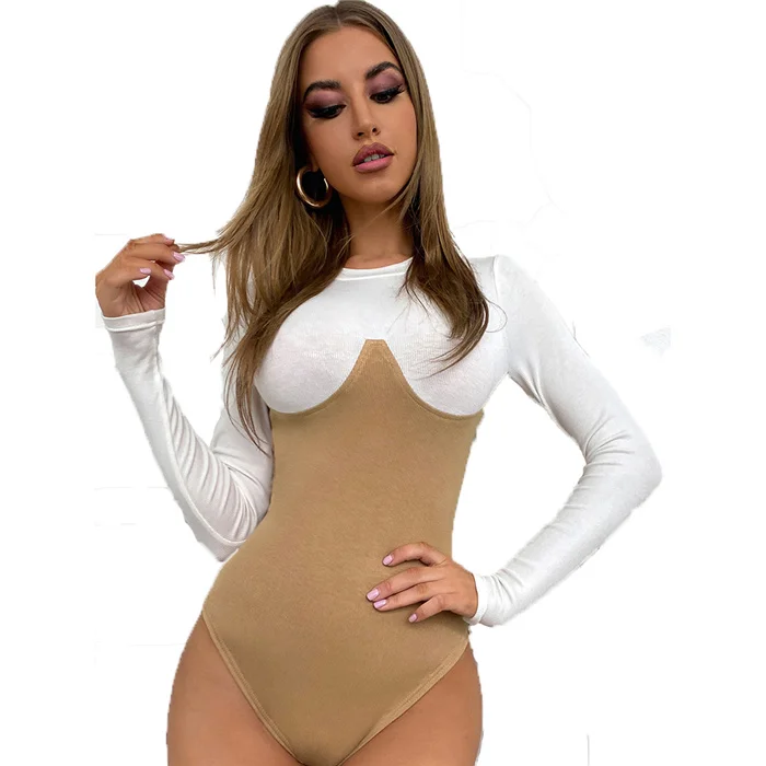 

New design Womens sexy trendy Stretchy white colour block one piece rib knit round Neck Long Sleeve Tops adult thong Bodysuit, White+khaki