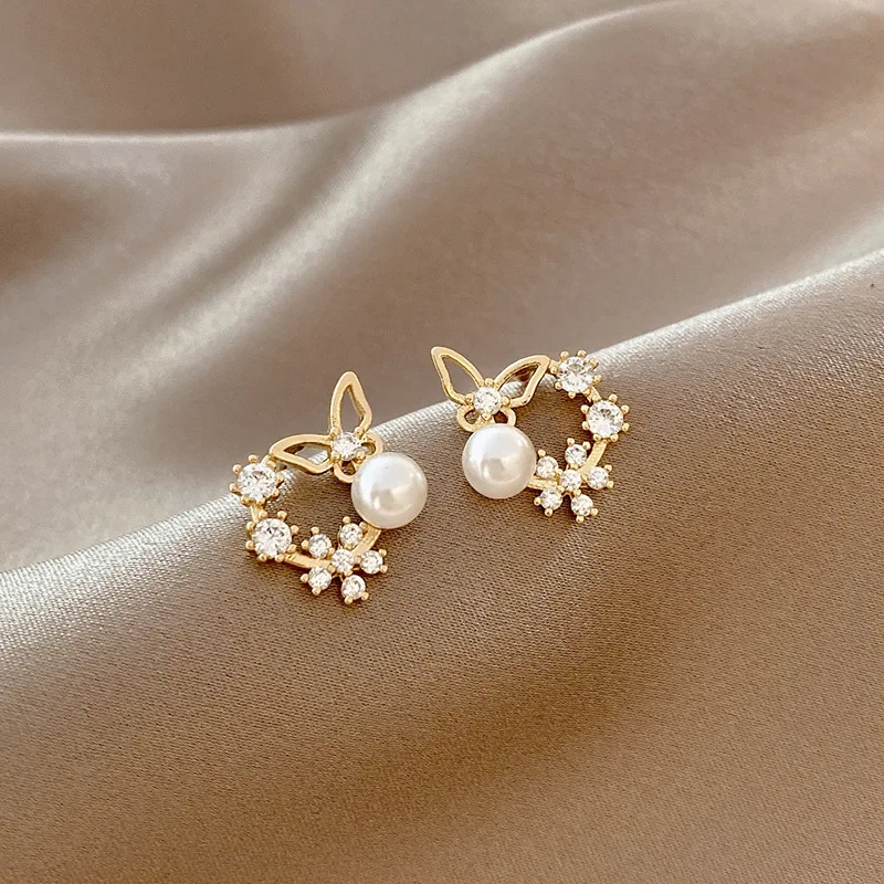 

Bling Bling Crystal Rhinestone Butterfly Stud Earrings Exquisite Baroque Pearl Cz Flower Earrings For Girl, As picture show