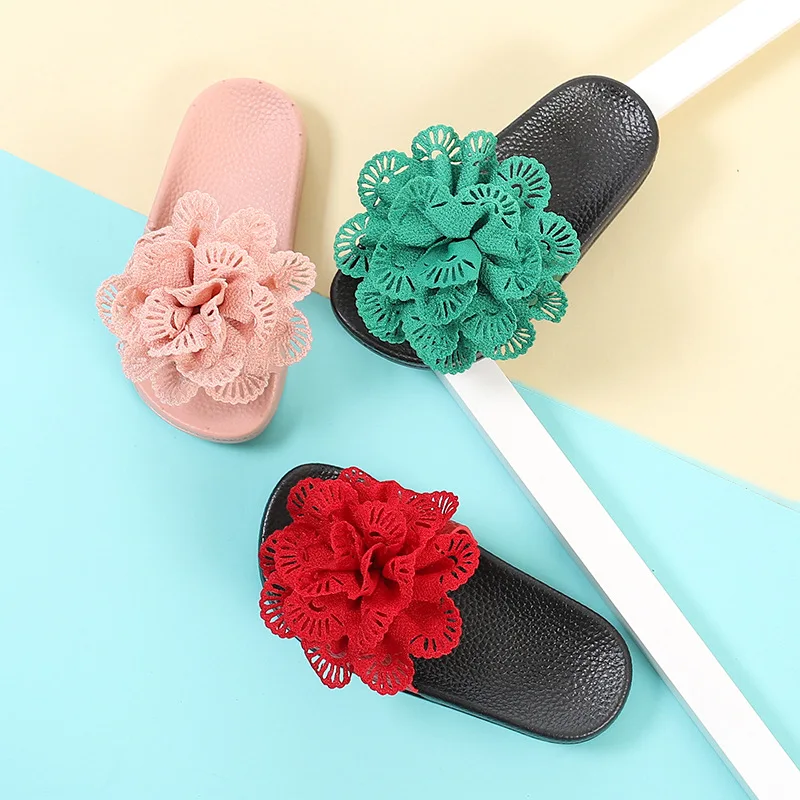 
Girls Solid Flower Anti-slip Slippers Kids Outside Summer Footwear With Soft Bottom Green Pink Red Drop Shipping Slippers 