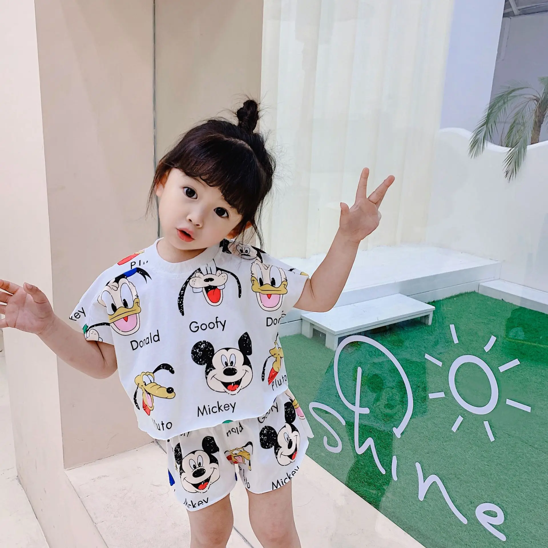 

2021 summer baju anak cut pattern print cute short sleeve cotton outdoor kids two piece clothing for girls, Picture color