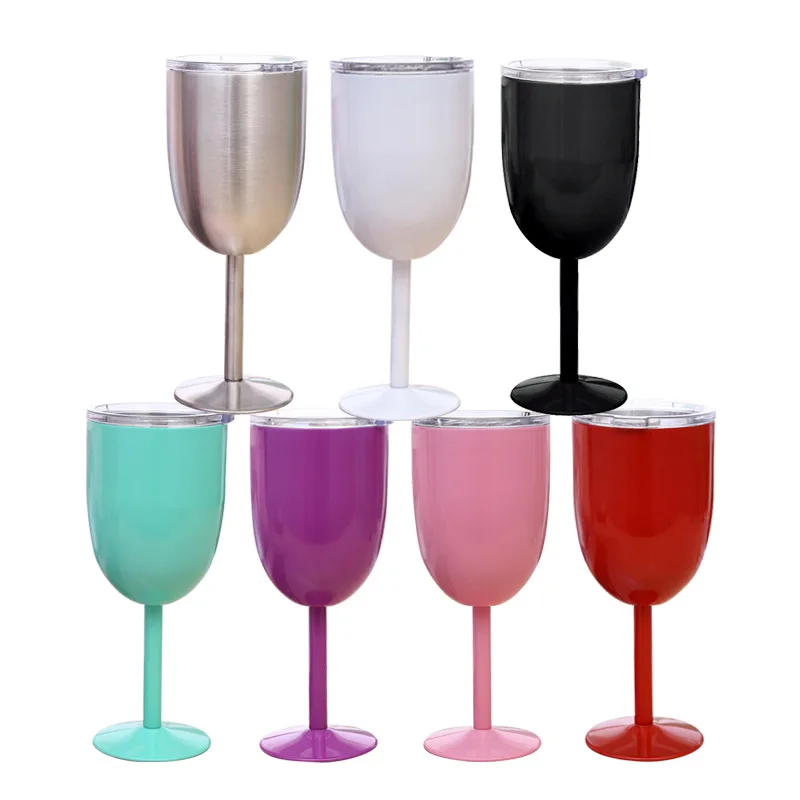 

10oz 10 Colors Double Wall Insulated Metal Goblet Wine Tumbler Stainless Steel Red Wine Glass With Lid, Customized color