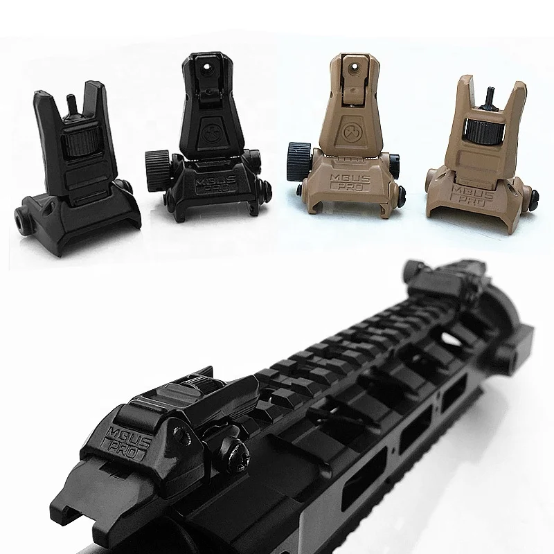 

Tactical MBUS Flip Up Front Rear Iron Sight Foldable Backup Quick Detach Set, Black / tan