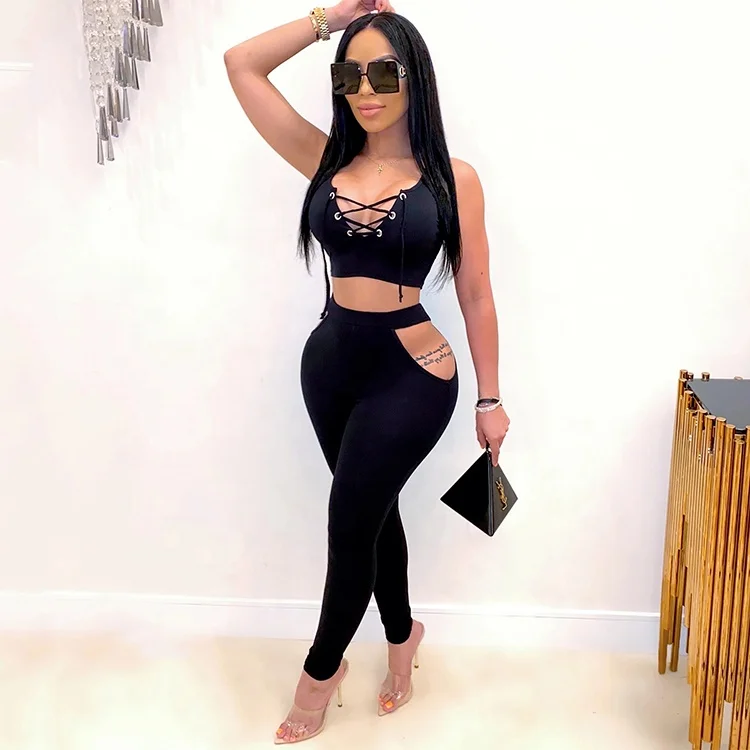 

Lace-Up Solid Black Women Bodycon Sexy 2 Piece Set Women Clothing Two Piece Cut Out Side Pants Sets Summer 2pc Outfits 2021, Black,pink,rose red,yellow,blue