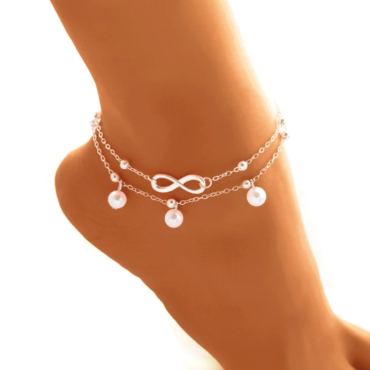 

KR-33 Fashion Metallic Alloy Beach Feet Jewelry Anklets Double Layers Simple Women Foot Bracelet Number 8 White Pearl Anklet, As picture