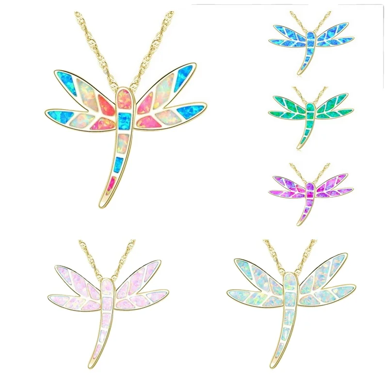 

Beautiful Opal Dragonfly Shaped Pendant Necklace Women Girl Fashion Gift Colorful Necklace With Gold Chain Necklace, Picture