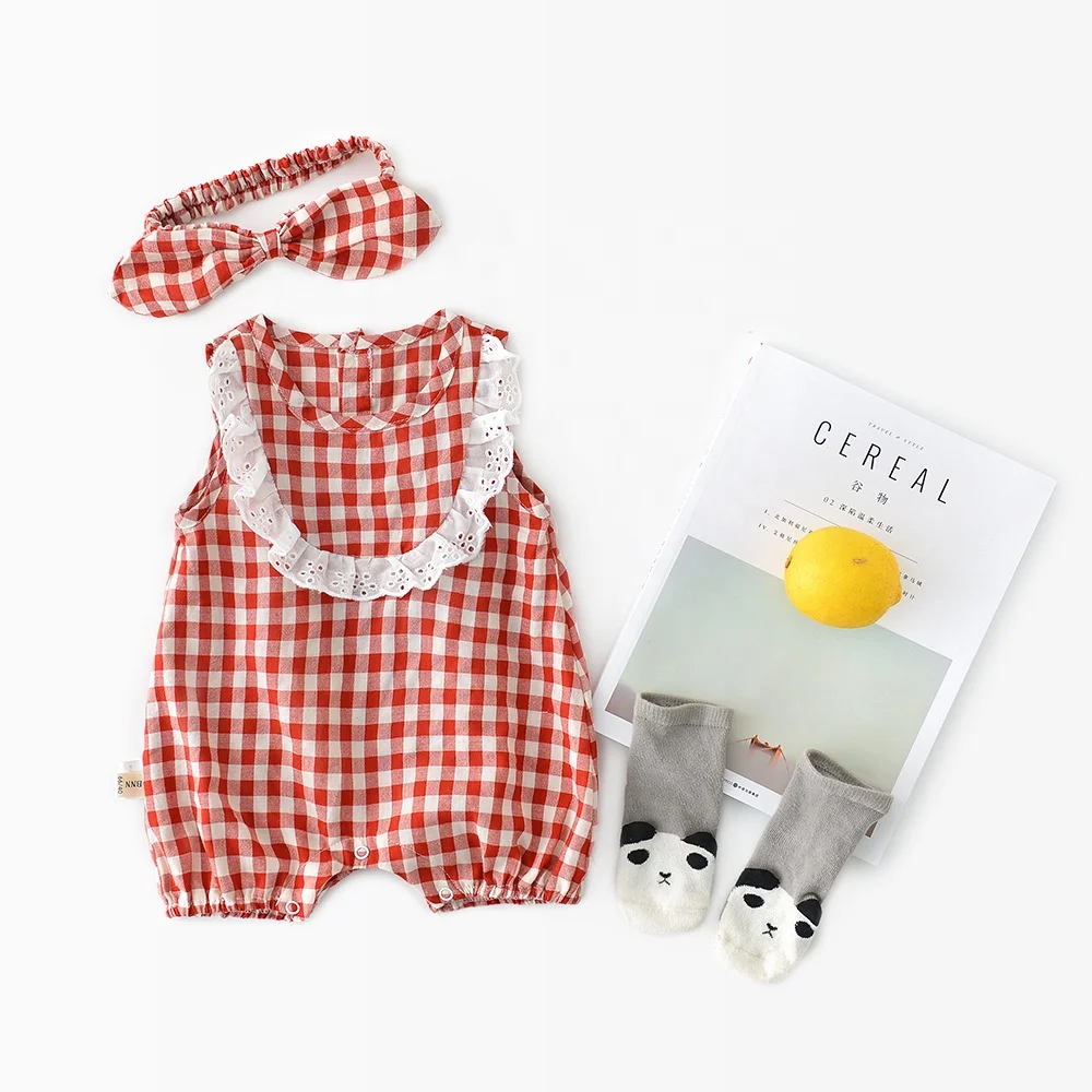 

Check Lace Sleeve One-Piece Romper Baby Bag Fart Dress Free Bow Hairband