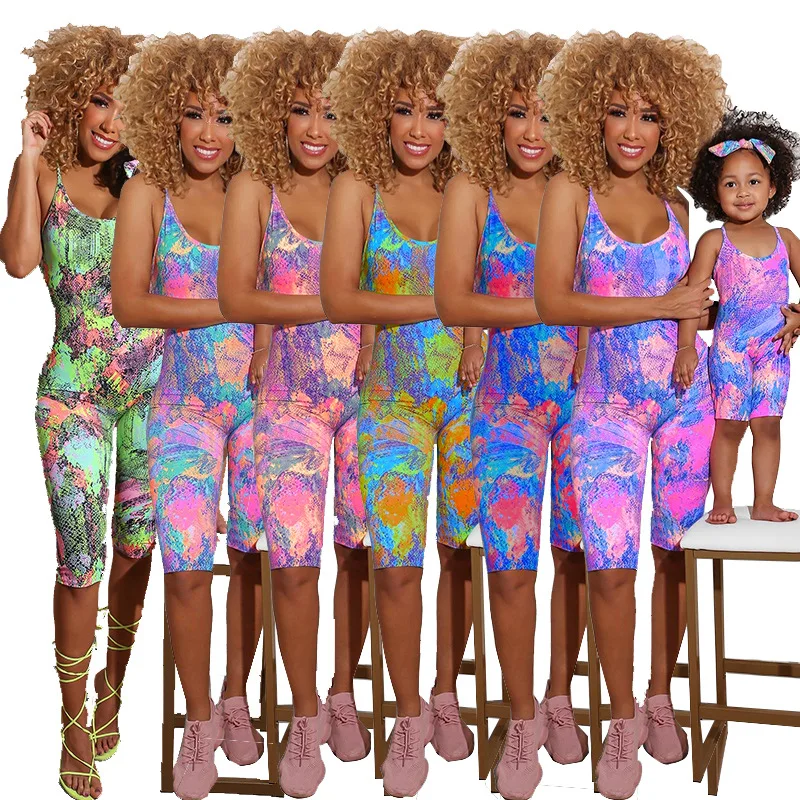 

Hot Sale New Product Mum Kid Onesie Summer Sleeveless Printing Middle Pants Set Mum Kid Onesie, Picture color