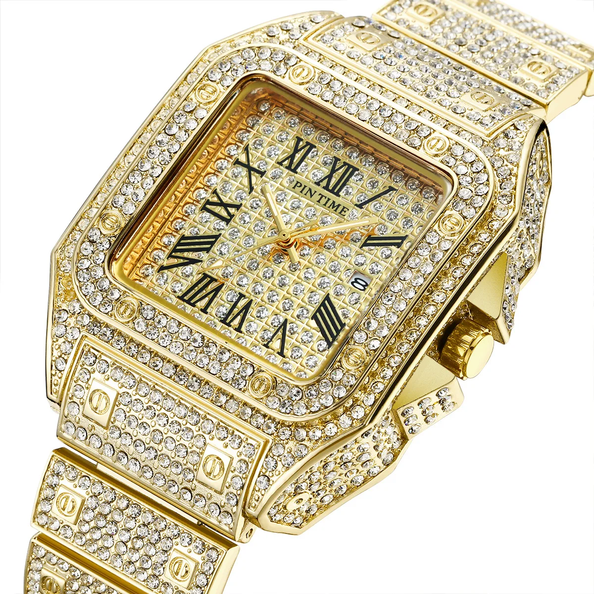 

Full Crystal Rhinestone Square Watch Luxury Shining Sparkling Rose Gold Steel Full Zircon Iced Out Watch For Men Women, 4 colors