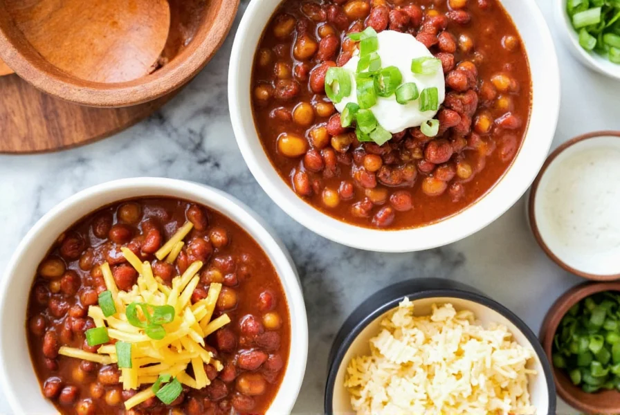 Finished canned chili recipe served in bowls with various toppings including sour cream, cheese, and green onions
