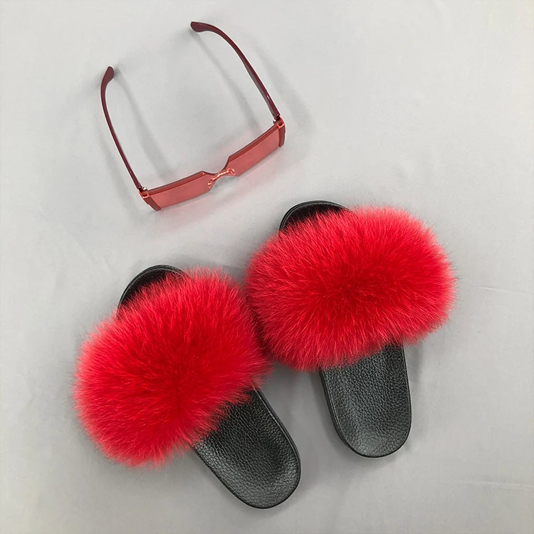 

Four seasons colorful fashion oversize sunglasses and girls fluffy big cover solid color fox fur slippers, Customized color