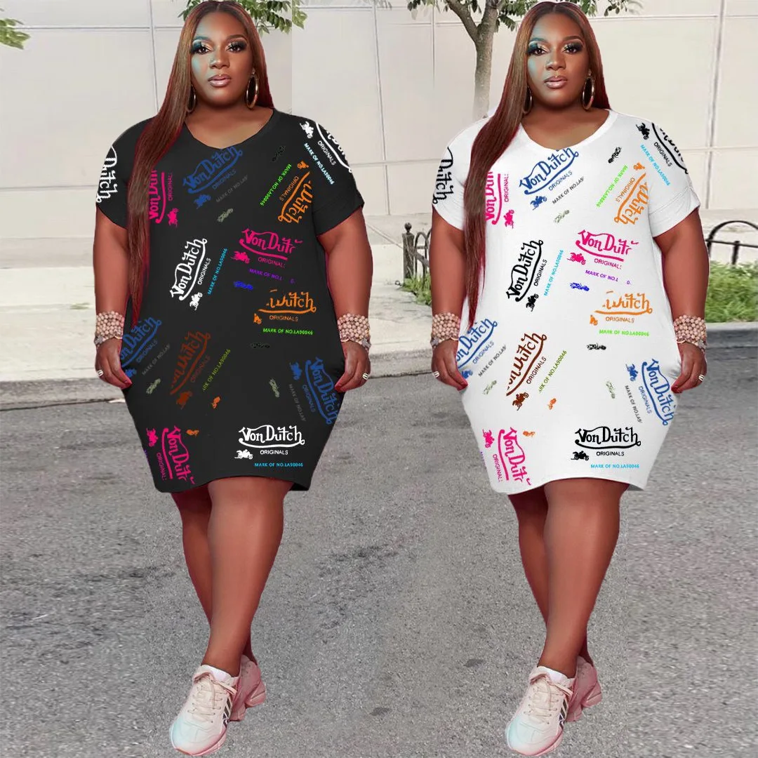 

2021 summer new arrivals von dutch plus size 5XL casual dress oversized tshirt dress woman graffiti midi dress strretwear, 2 colors