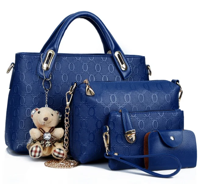 

Fashion high quality pu leather ladies handbag set of 4 women large shoulder tote bag with bear hanging gift