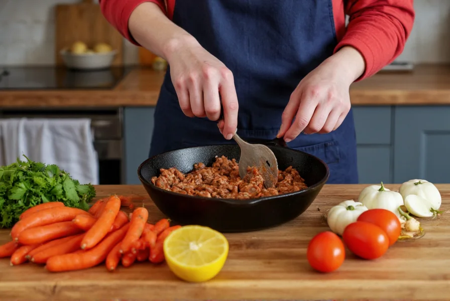 Home cook preparing chili in kitchen, focusing on searing meat in cast iron skillet, ingredients arranged neatly