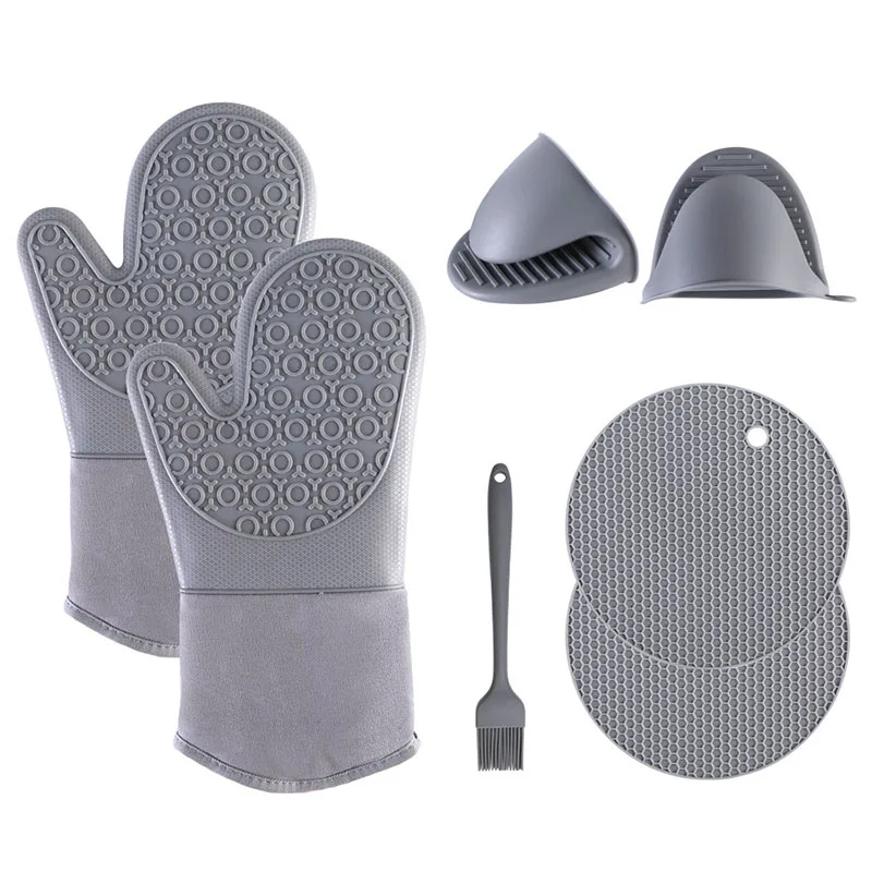 

Amazon Hot Sell Long Soft Inner Lining Silicone Oven Mitt Baking Mat Oil Brush Mini Pinch Oven Mitts And Pot Holders Sets, Picture