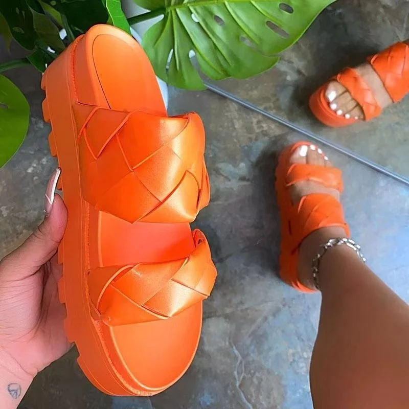 

Hot Selling Fashion Plait Weave Big Size Women Sandals 2021 Wedges Thick Bottom Height Increasing Platform Slides Pumps Slippers, Black white orange apricot