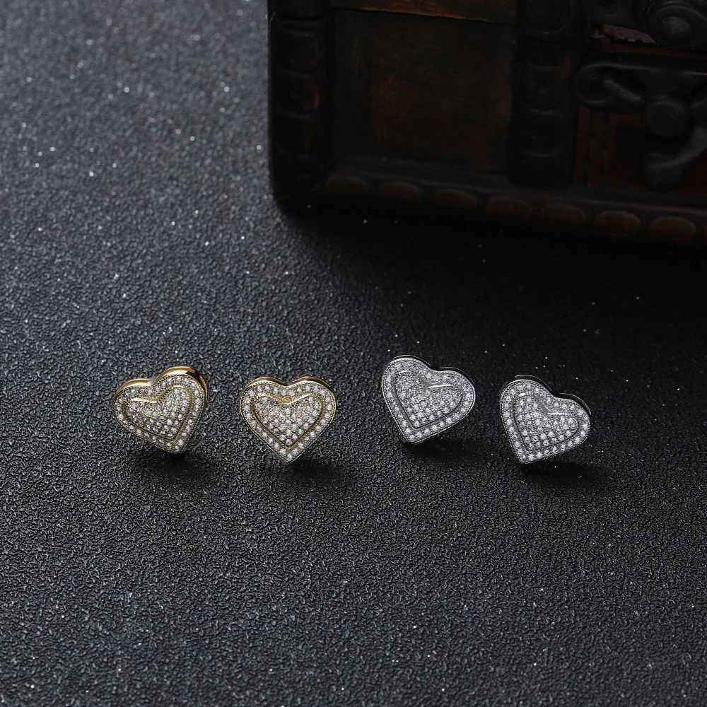 

Newest Iced Out 18k Real Gold Plated Cubic Zircon Heart Stud Earrings Full Diamond Crystal Heart Earrings For Fashion Jewelry