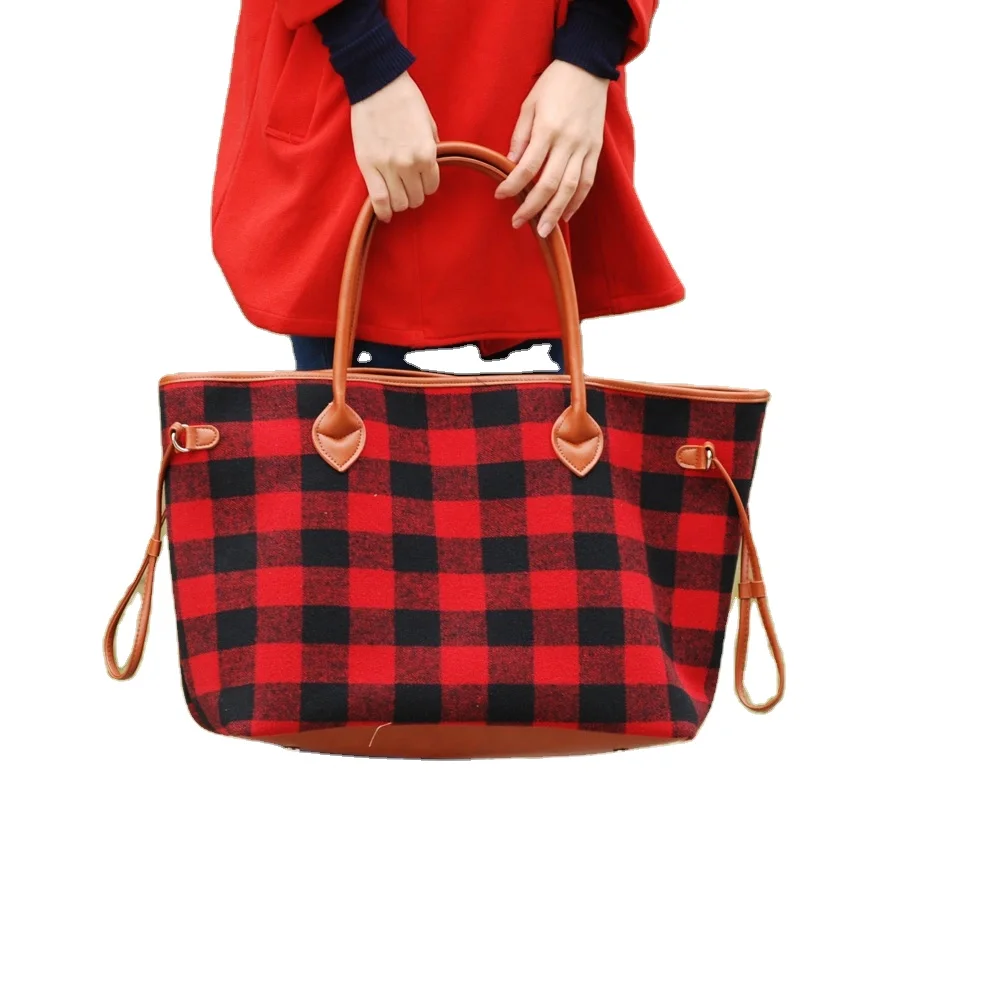 

RTS Christmas Flannel White and Black Plaid Duffle Weekend Purse Women Red Check Buffalo Gift Tote