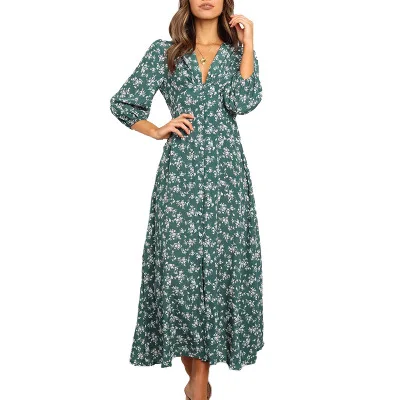 

Women Clothes 2020 Summer Flower Printed Chiffon Midi Dresses