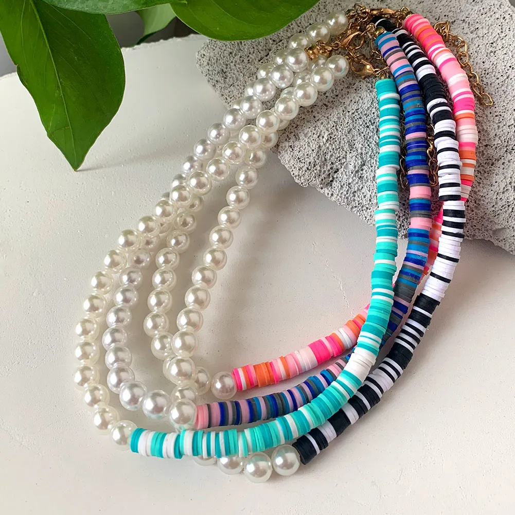 

Bohemian Freshwater Pearl Beaded Necklace Creative Fashion Colorful Half Pearl Half Clay Choker Necklaces For 2021 Women Jewelry, Mixed color